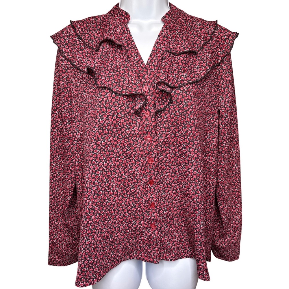 THE SHIRT x ROCHELLE BEHRENS Red Floral Ruffle Button Up Blouse XS Coquette Chic
